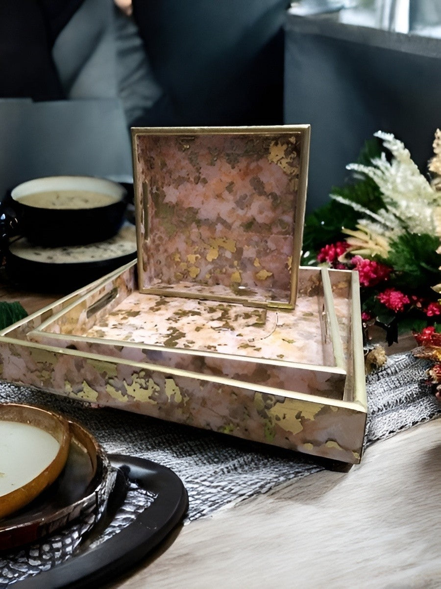 wooden square shape Gold foil print set of 3 trays for home/ office/ gift item